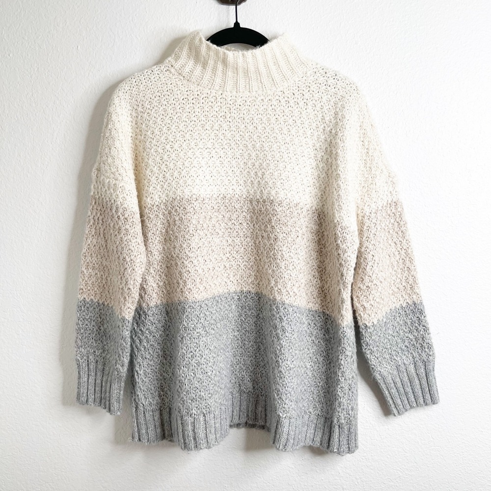 J. Jill Womens Colorblock Mock Neck Textured‎ Knit Sweater Cream Tan Grey